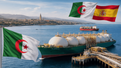 سفينة شحن كبيرة مخصصة لنقل الغاز الطبيعي المسال راسية بجانب رصيف ميناء